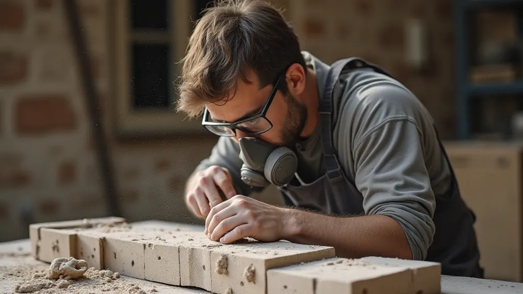 Artist carving sandstone while wearing safety gear