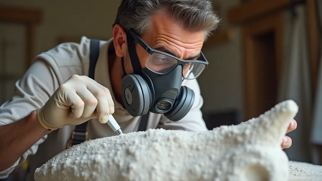 Stone carver wearing a respirator and safety glasses