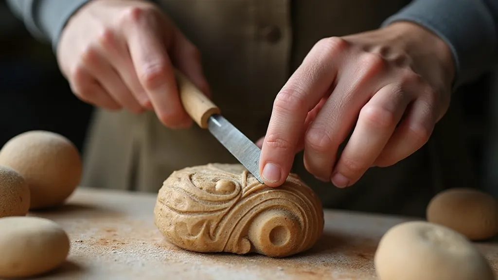 Beginner using chisel and mallet to carve soapstone.