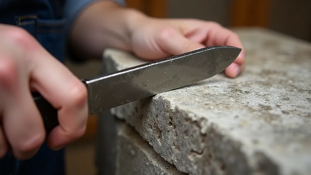 A hand demonstrating the correct angle for using a chisel on a piece of stone