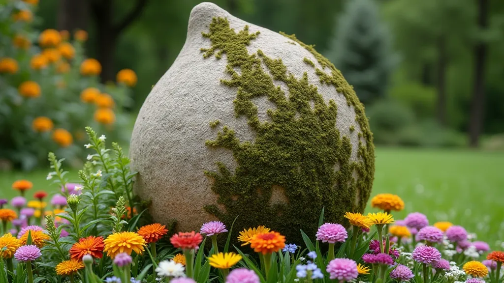 Sandstone sculpture of a stylized leaf in a flower bed.