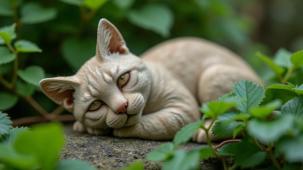 Soapstone sculpture of a sleeping cat in a garden.