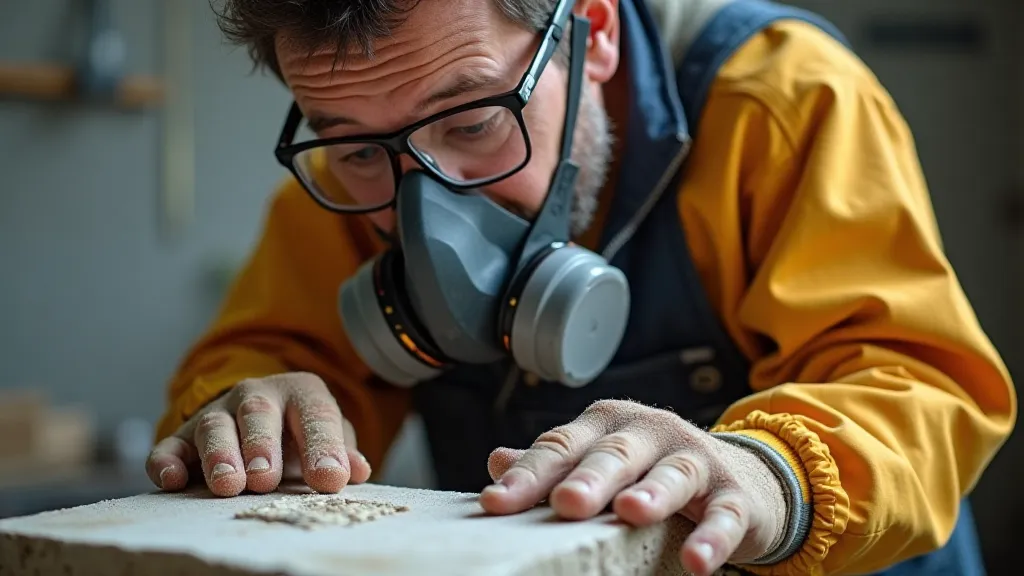 Stone carver in safety gear