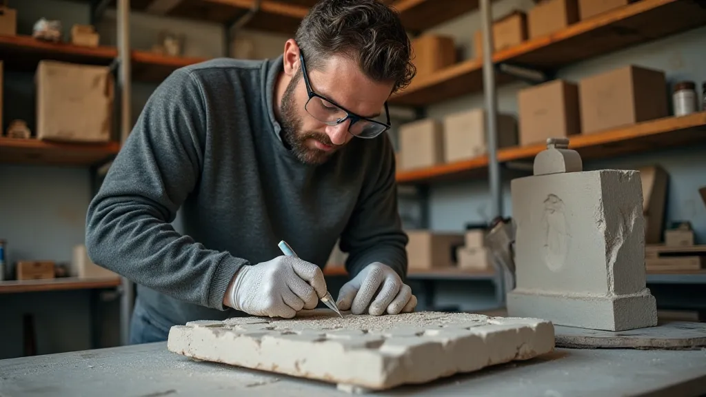Stone carver working safely in a workshop