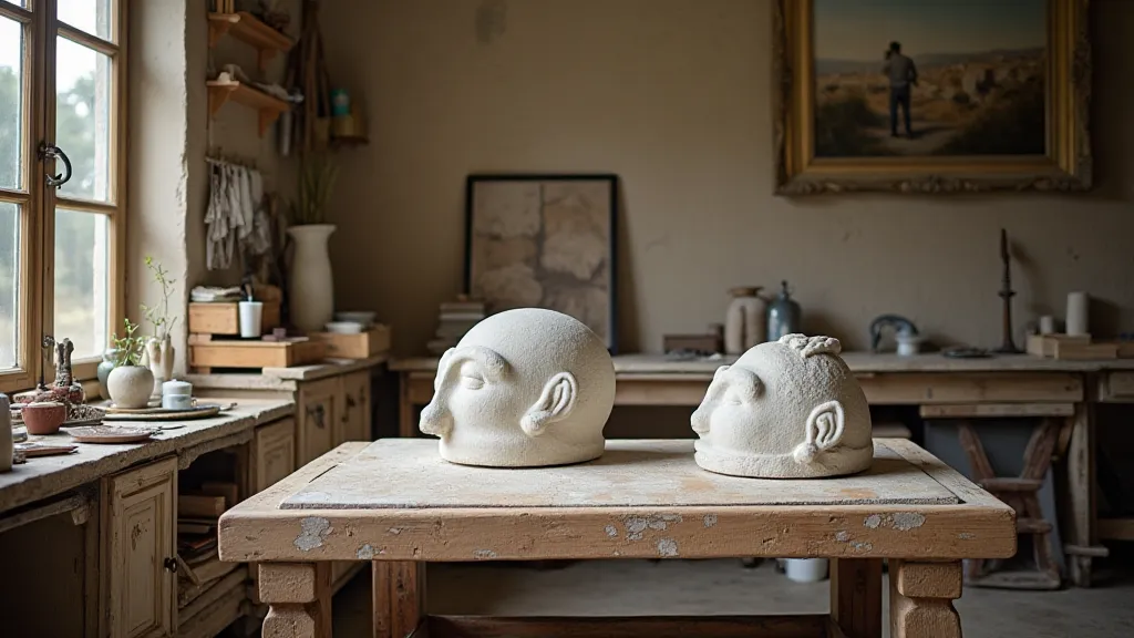Organized stone carving workspace