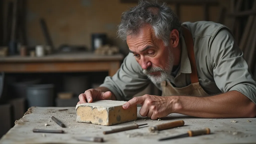 A stone carver studying a piece of stone before carving, with tools nearby.