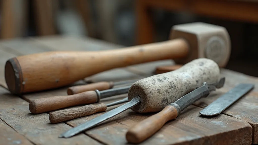Stone carving tools arranged on a workbench